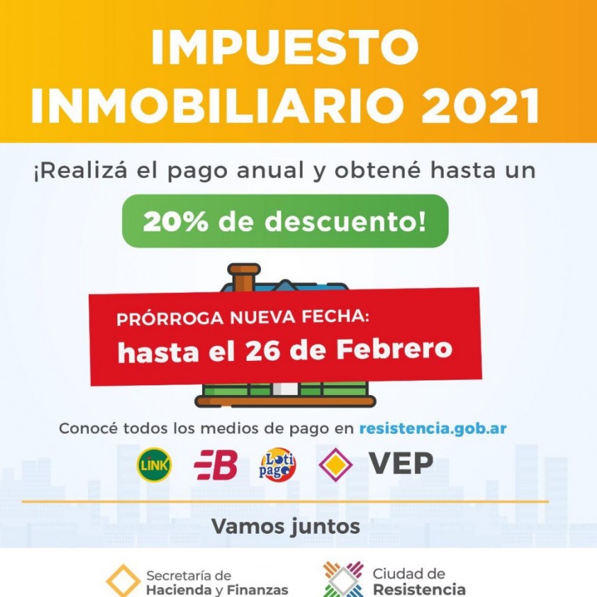  La ciudad de Resistencia recuerda que hasta este viernes hay tiempo para acceder a los descuentos por el pago anual del impuesto inmobiliario 