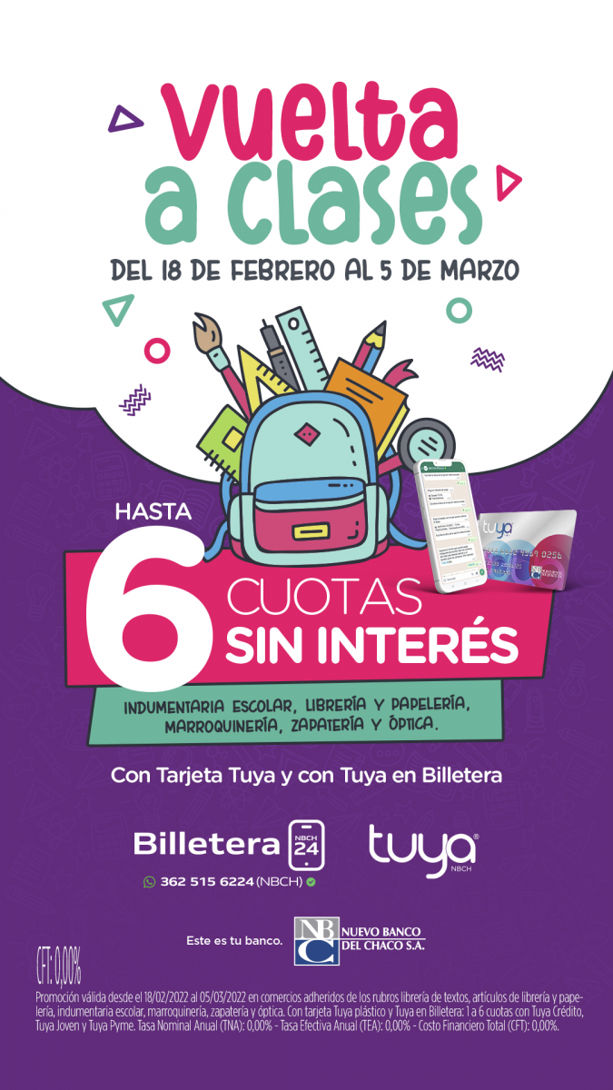 Vuelta a clases en 6 cuotas sin interés con Tuya y Tuya en Billetera: desde hoy, nueva promoción del NBCH
