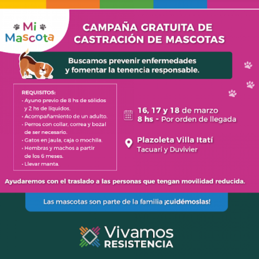Este miércoles 16 llega a Villa Itatí el Programa de Castración Gratuita de Mascotas 
