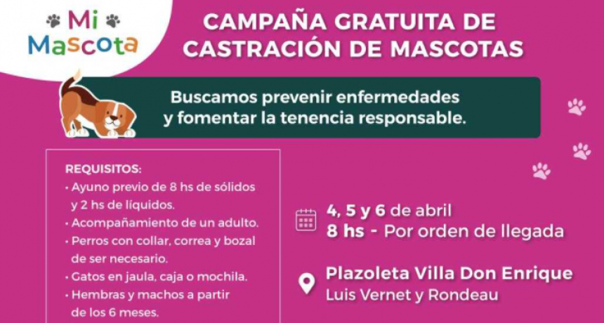 El programa municipal de castración de mascotas, este lunes en Villa Don Enrique
