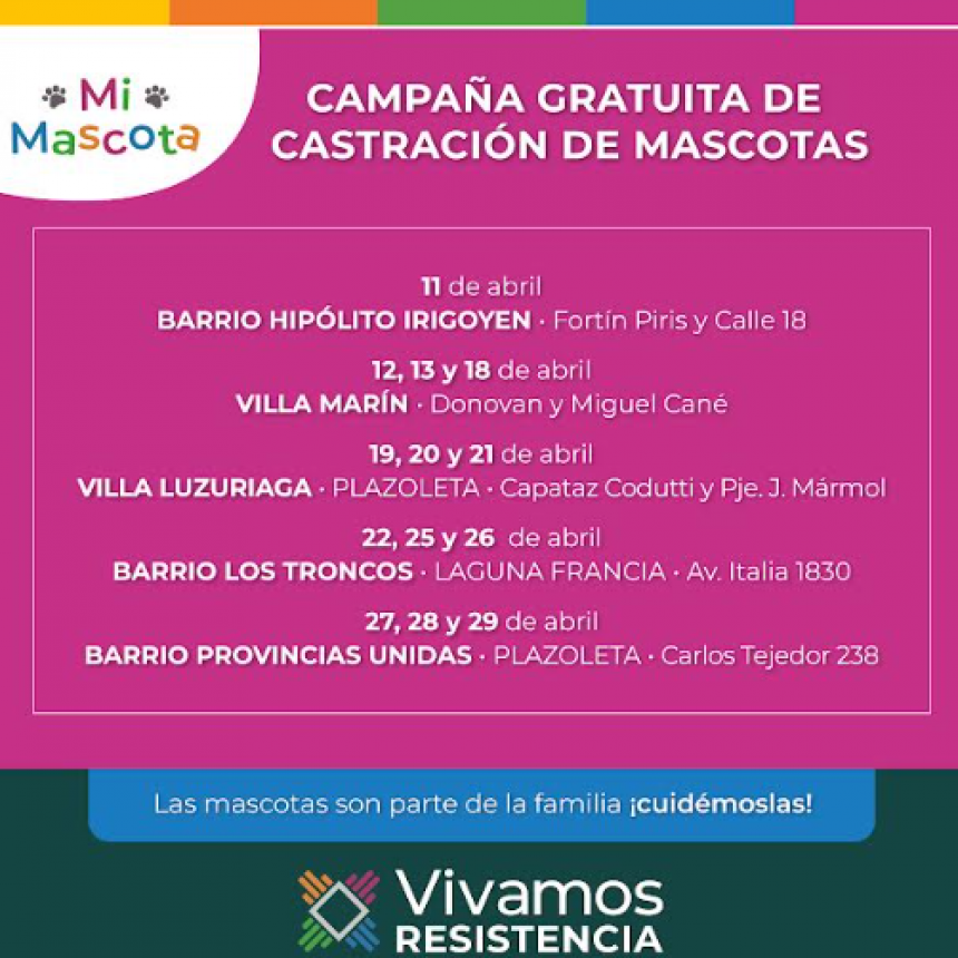Este lunes, resistencia acerca la castración gratuita de mascotas en el barrio Hipólito Irigoyen