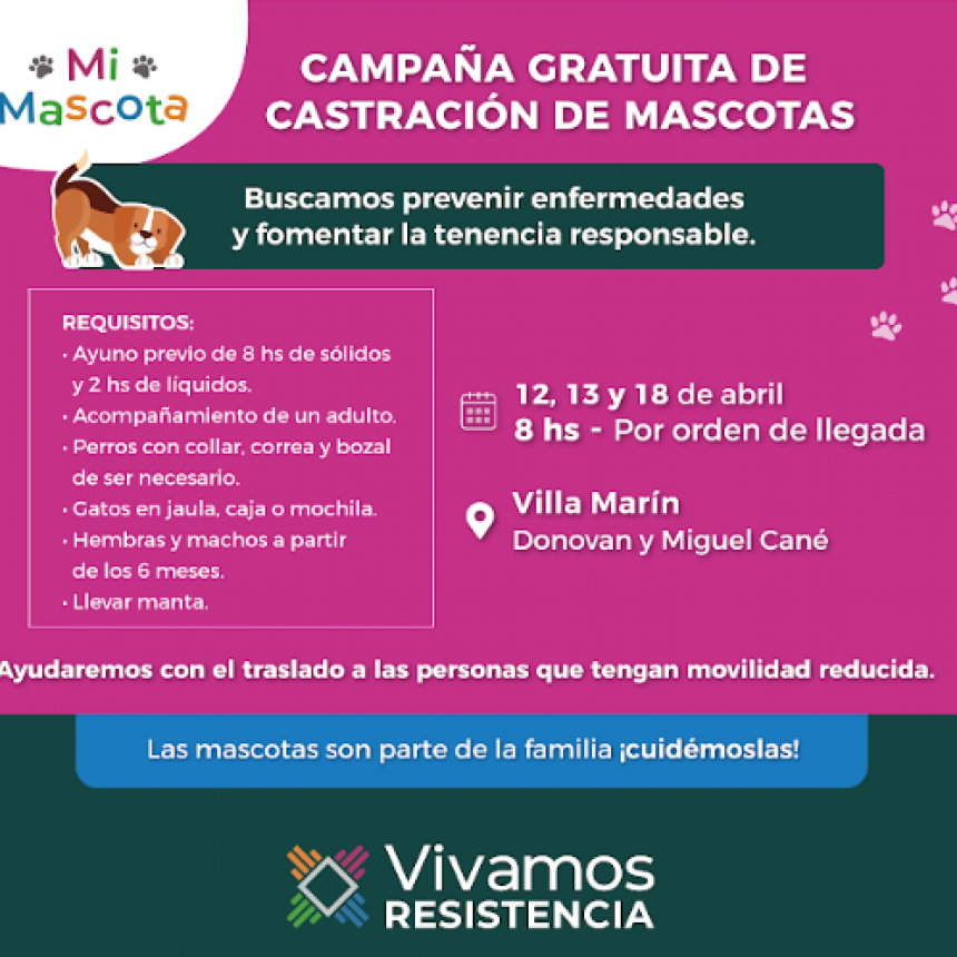 Este lunes habrá castración gratuita de mascotas en Villa Marín, luego la propuesta se traslada a Villa Luzuriaga