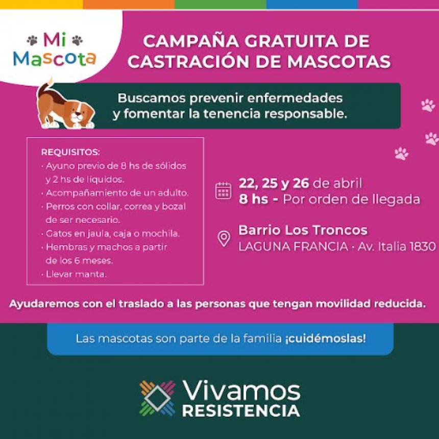 La castración gratuita de mascotas comenzó en el Barrio los Troncos y continúa el 25 y 26 de abril 