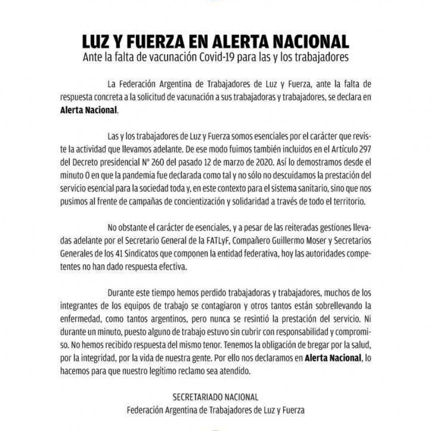 Luz y Fuerza en alerta nacional por la falta de vacunas para los obreros del sector energ&eacute;tico