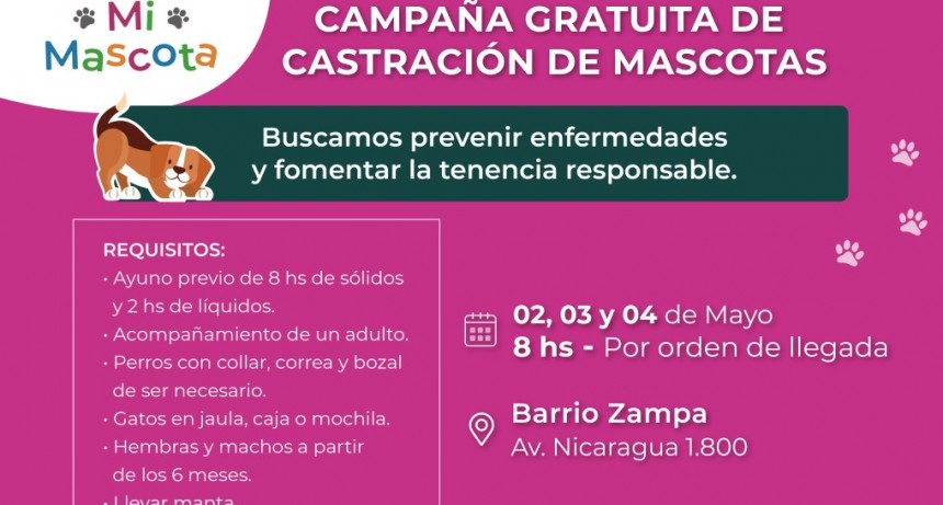La castración gratuita de mascotas continúa este martes 3 en el Barrio Zampa 