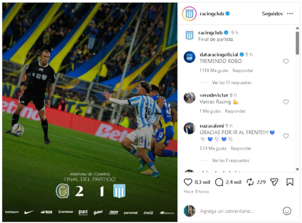 El picante posteo de Racing tras la eliminaci&oacute;n: una cancha inclinada y la pelota en los pies del &aacute;rbitro