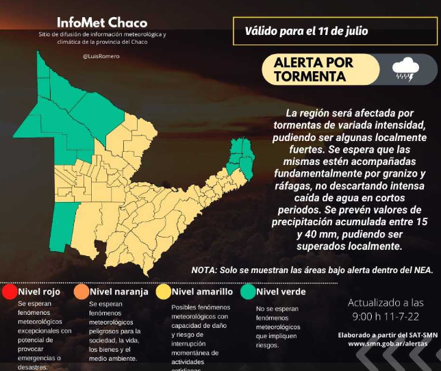 Alerta amarilla por tormentas para gran parte del Chaco