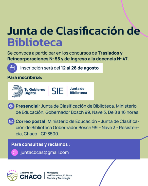 Junta de Clasificaci&oacute;n de Bibliotecas abre inscripci&oacute;n para concursos de traslados, reincorporaciones e ingreso a la docencia