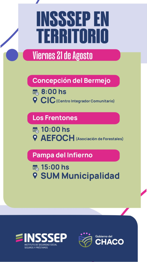 Este viernes, INSSSEP brindar&aacute; atenci&oacute;n en Concepci&oacute;n del Bermejo, Los Frentones y Pampa del Infierno