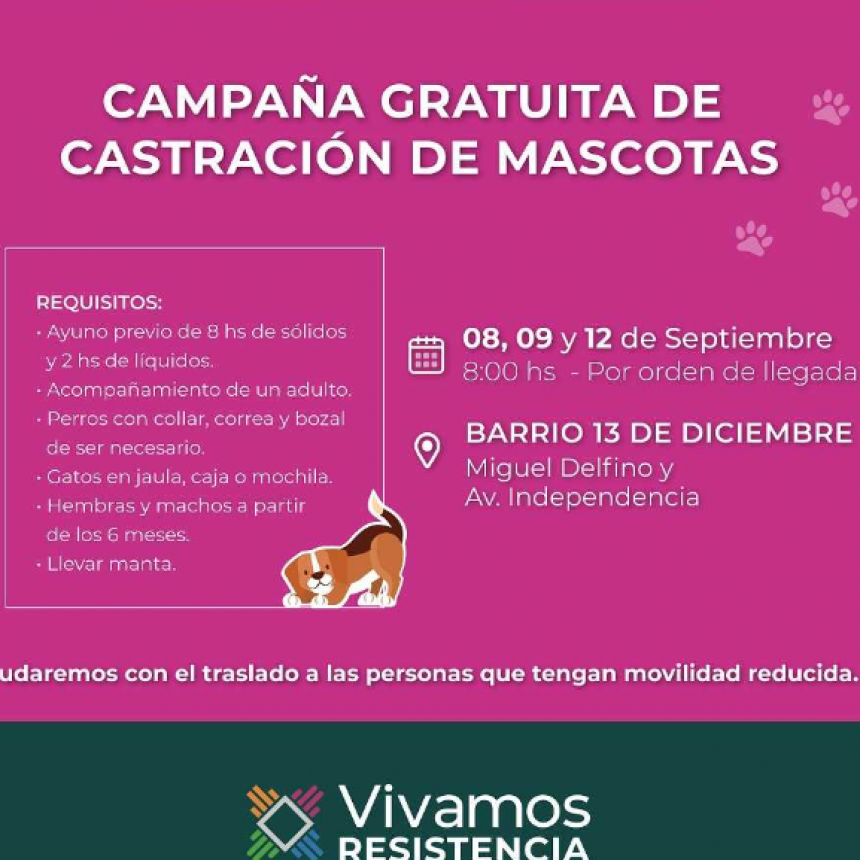 Este jueves, la castración gratuita de mascotas llega al barrio 13 de Diciembre