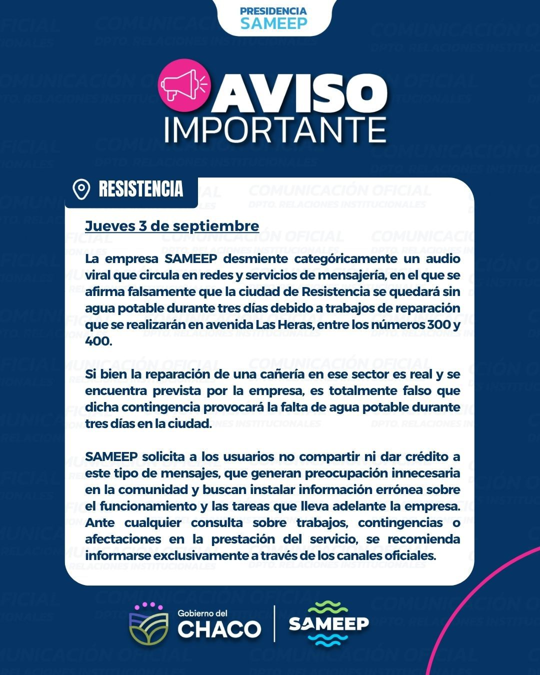 SAMEEP garantiza la prestaci&oacute;n del servicio de agua en Resistencia y desmiente un audio viral