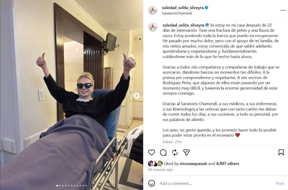 Soledad Silveyra celebró su alta médica con un mensaje en sus redes: “Tuve una fractura de pelvis y una fisura de sacro”