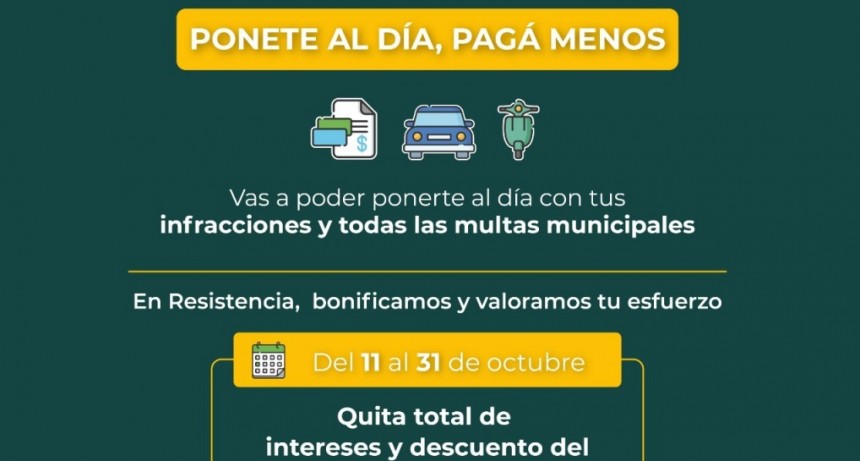 Con importantes descuentos, hasta el 31 de octubre sigue vigente el plan de facilidades de pagos para deudas por multas de Resistencia